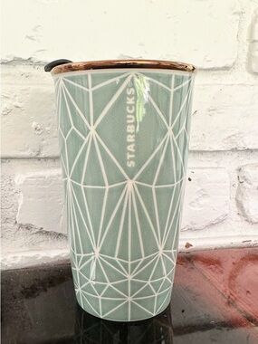 Starbucks Ceramic Coffee Tumbler With Lid 12 oz. Green W/White Geometric Pattern